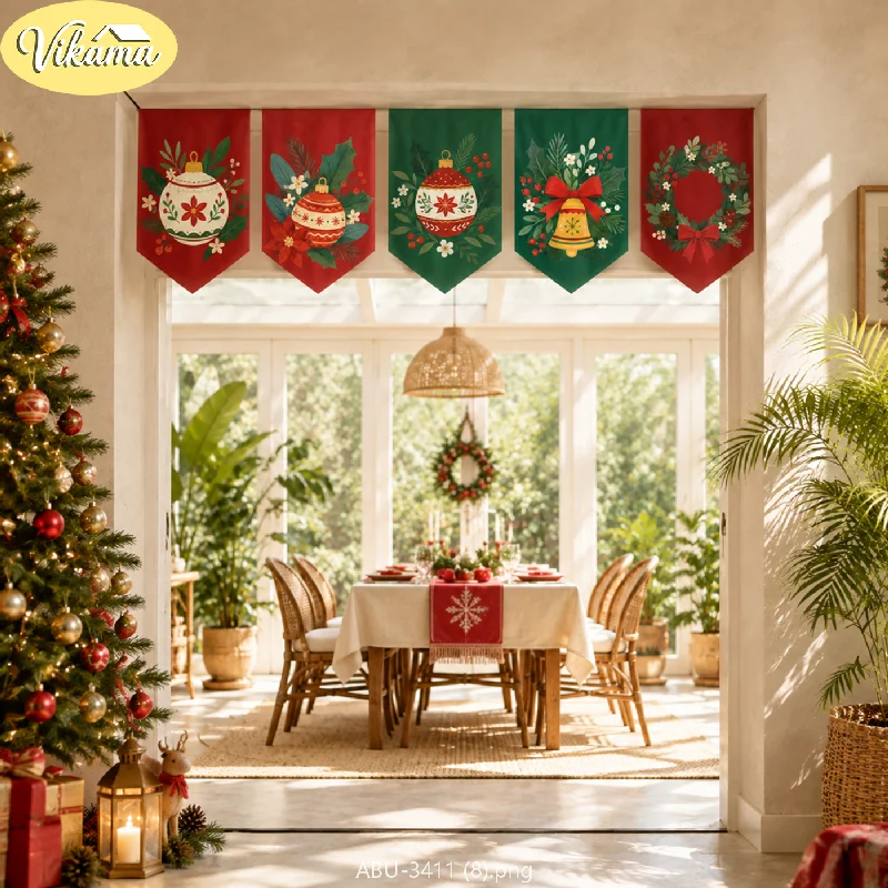 VIKAMA Traditional Christmas Pennants, Holly Bell Bow Wreath Banners, Festive Wall and Door Frame Home Decor