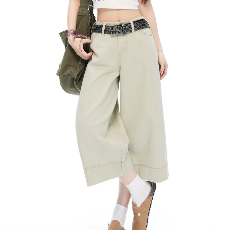 

Summer American Retro High Waist Draped Denim Cropped Pants Versatile Wide Leg Pants Simple Casual Daily Ladies Cotton Jeans