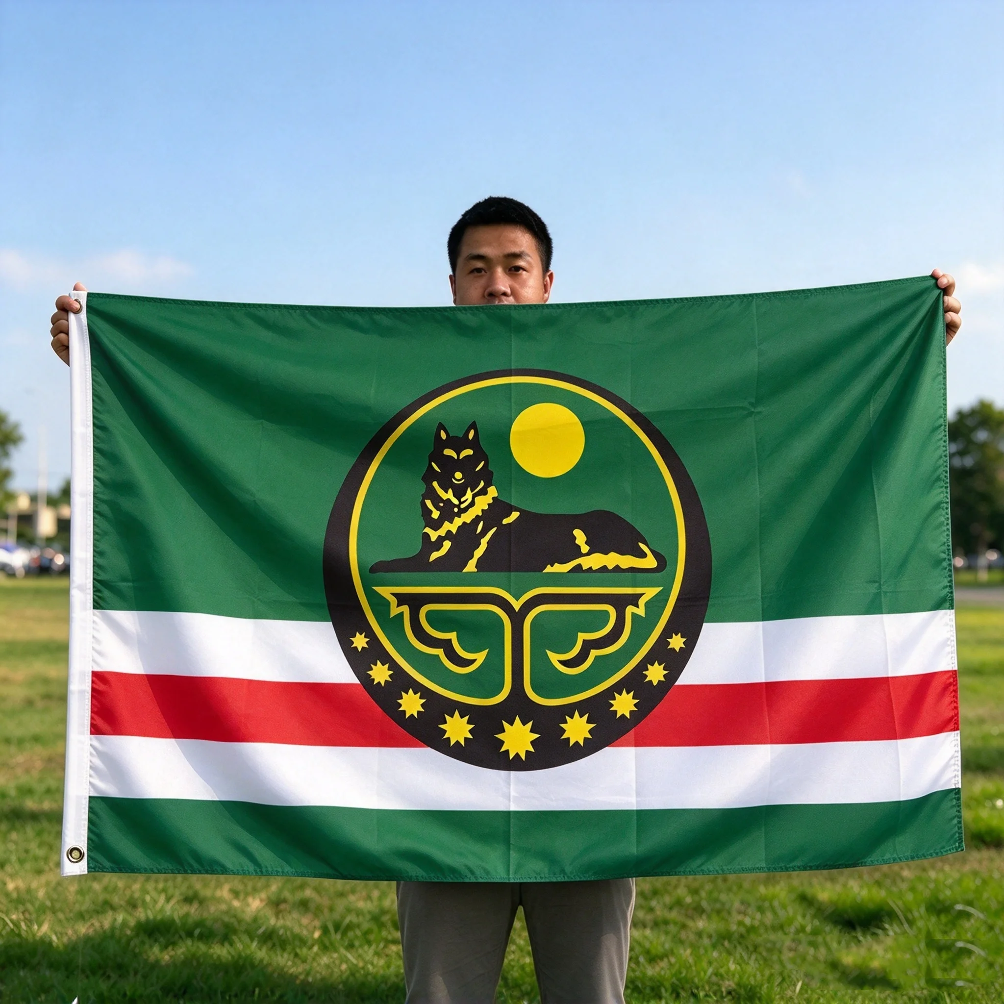 Chechen Wolf Emblem Green Flag 2x3ft 3x5ft Polyester Banner Wolf Sun Logo Indoor Outdoor Home Garden Wall Decor