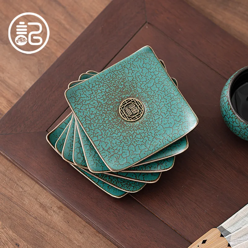 

Retro Dark Green Glaze Tea Cup Saucers Ceramic Insulation Pad Pigmented Kung Fu Tea Accessories Heat Resistant Mat Coaster Set