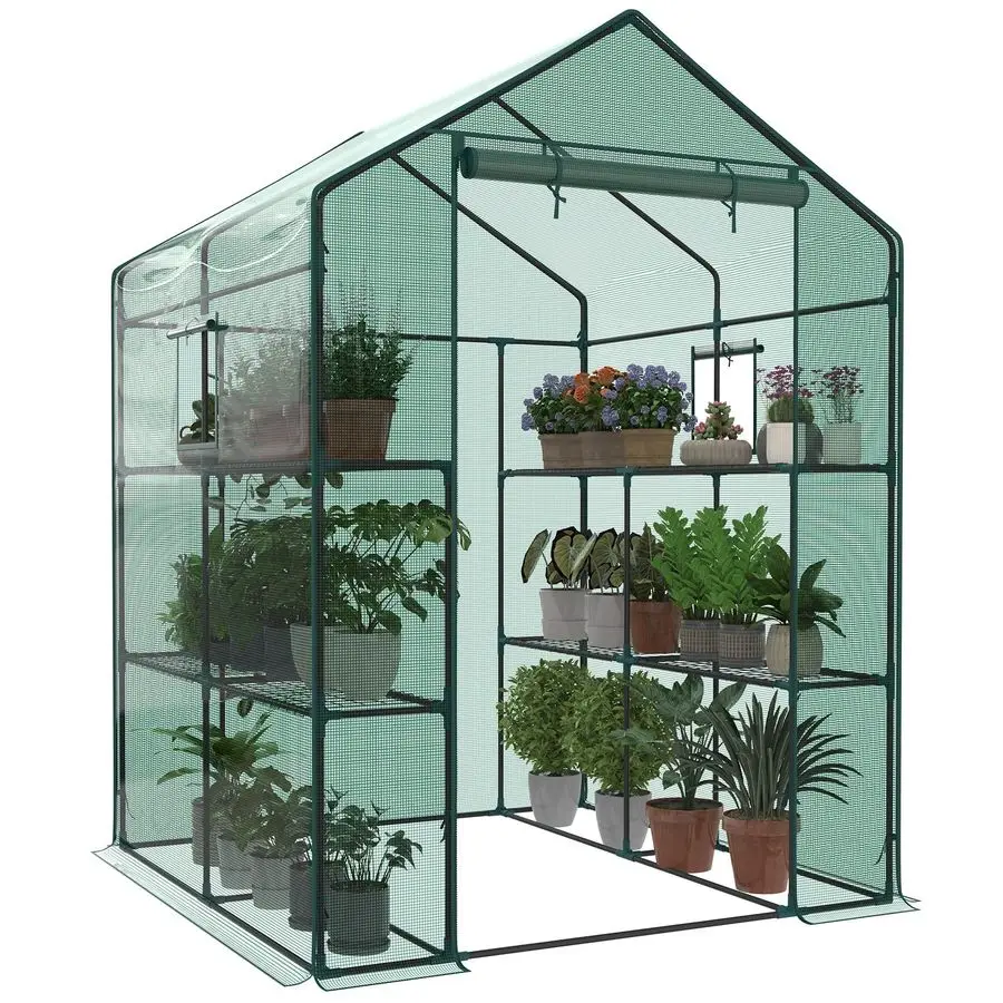 

Теплица 565677 Walkin Green House с окном, 2-уровневая, 8 полок для растений, прочное покрытие из полиэтилена, портативная теплица для использования в помещении и на улице