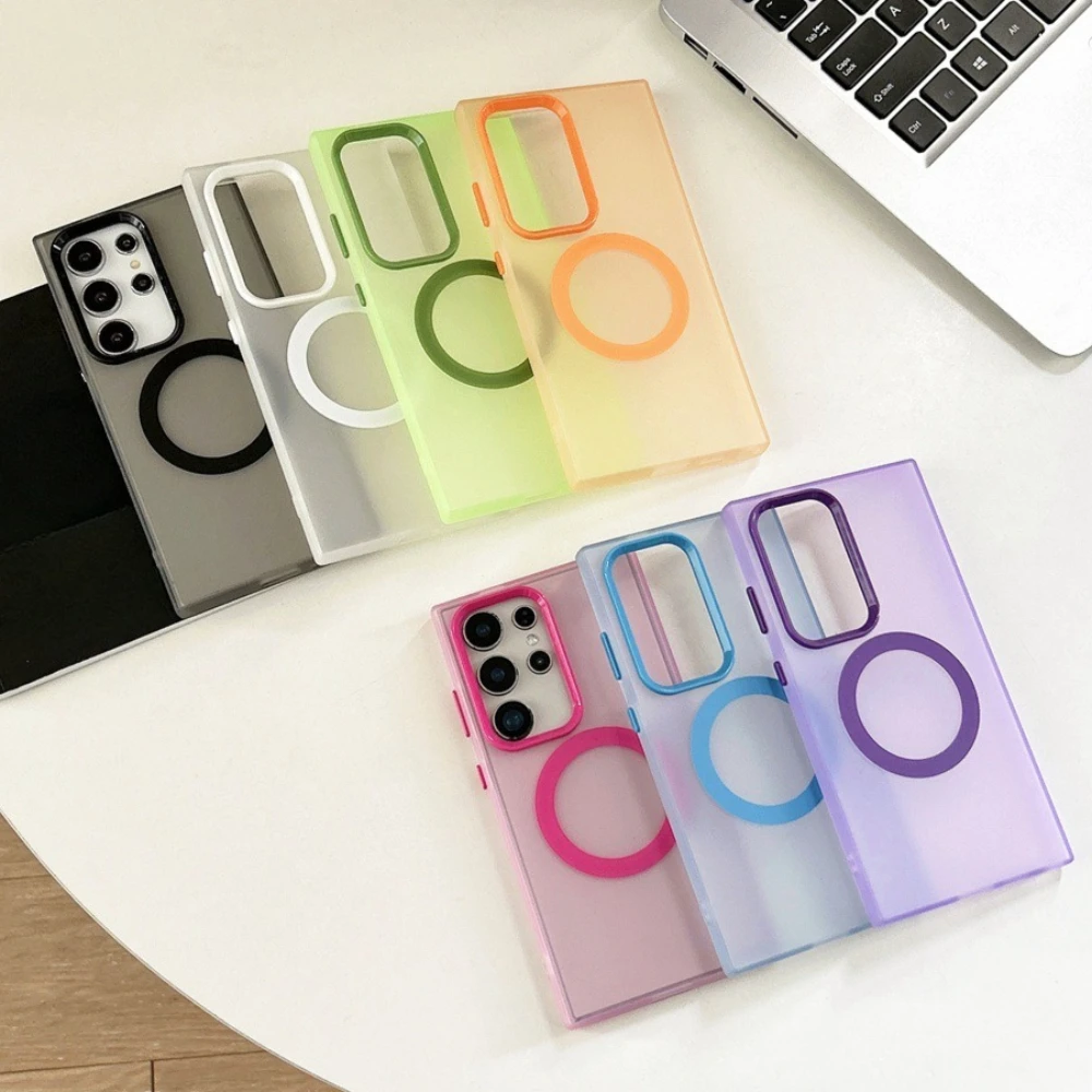 

For Samsung Galaxy S25 Ultra S24 FE S23 Plus Luxury Magnetic Phone Case, Candy Color Transparent All-inclusive Protective Cover