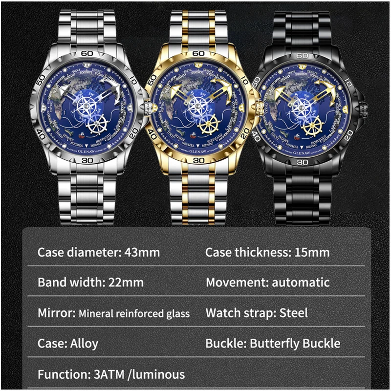 

GLENAW Design НОВЫЕ механические часы с земным циферблатом, мужские ночники из нержавеющей стали, водонепроницаемые роскошные автоматические механические часы