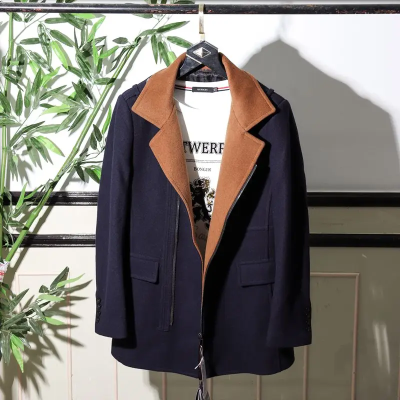 

Удобное повседневное мужское шерстяное пальто средней длины с воротником-стойкой для делового стиля и других повседневных образов, синее