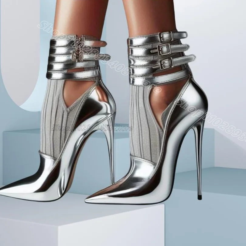 

Silver Splicing Buckle Ankle Boots Pointed Toe New Stylish Back Zipper British Style Women Dress Boots 2025 Zapatos Para Mujere