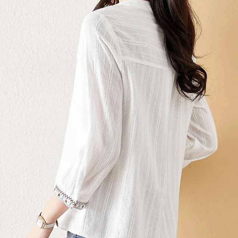 Spring Autumn New Fashion Elegance Solid Cotton Women's Clothing Shirts Embroidery V Neck Long Sleev Korean Style Shirring Tops