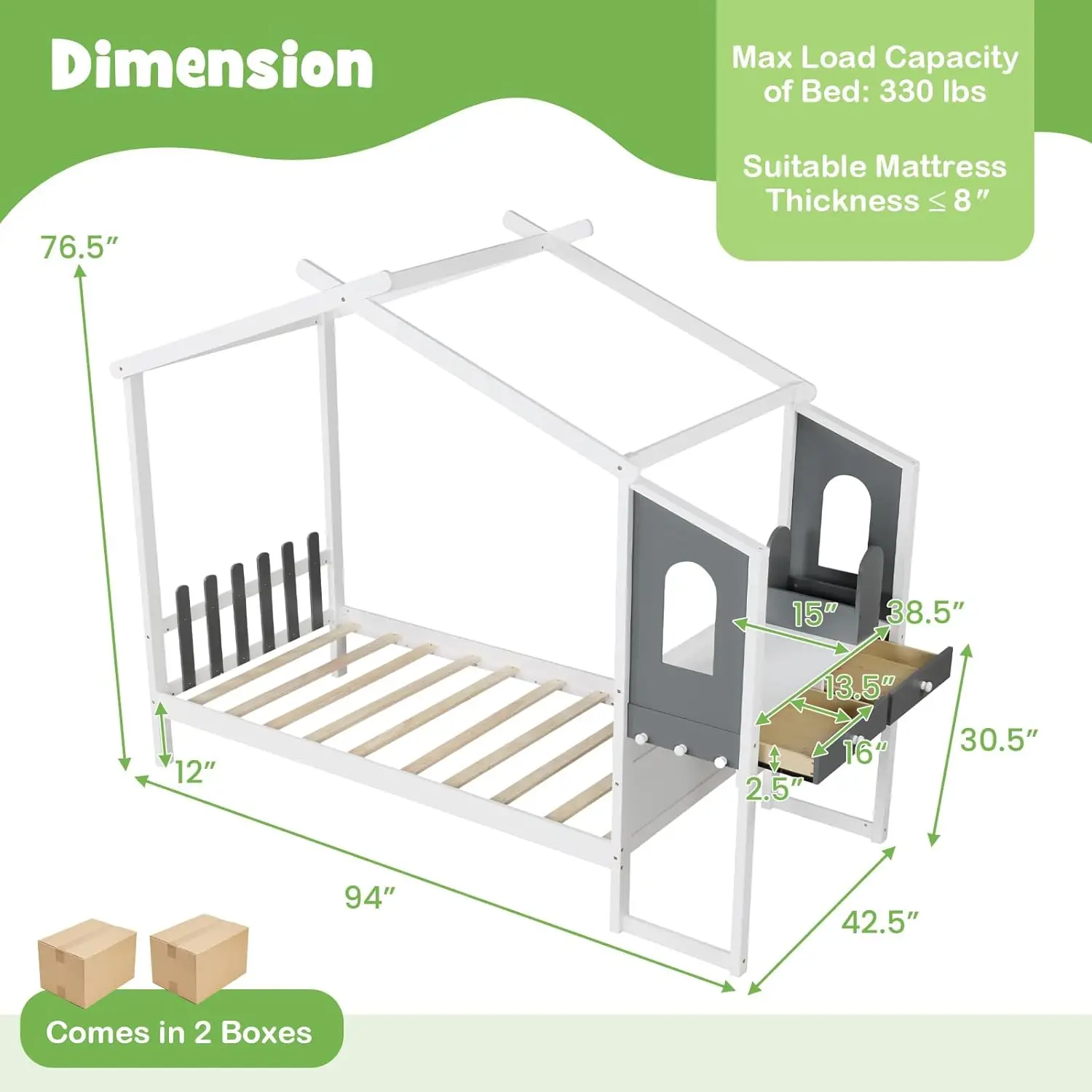 Einzelbett mit Arbeitstisch, Montessori-Rahmen aus massivem Holz mit Dach, Schubladen und Haken, kein Boxspringbett erforderlich (zwei)