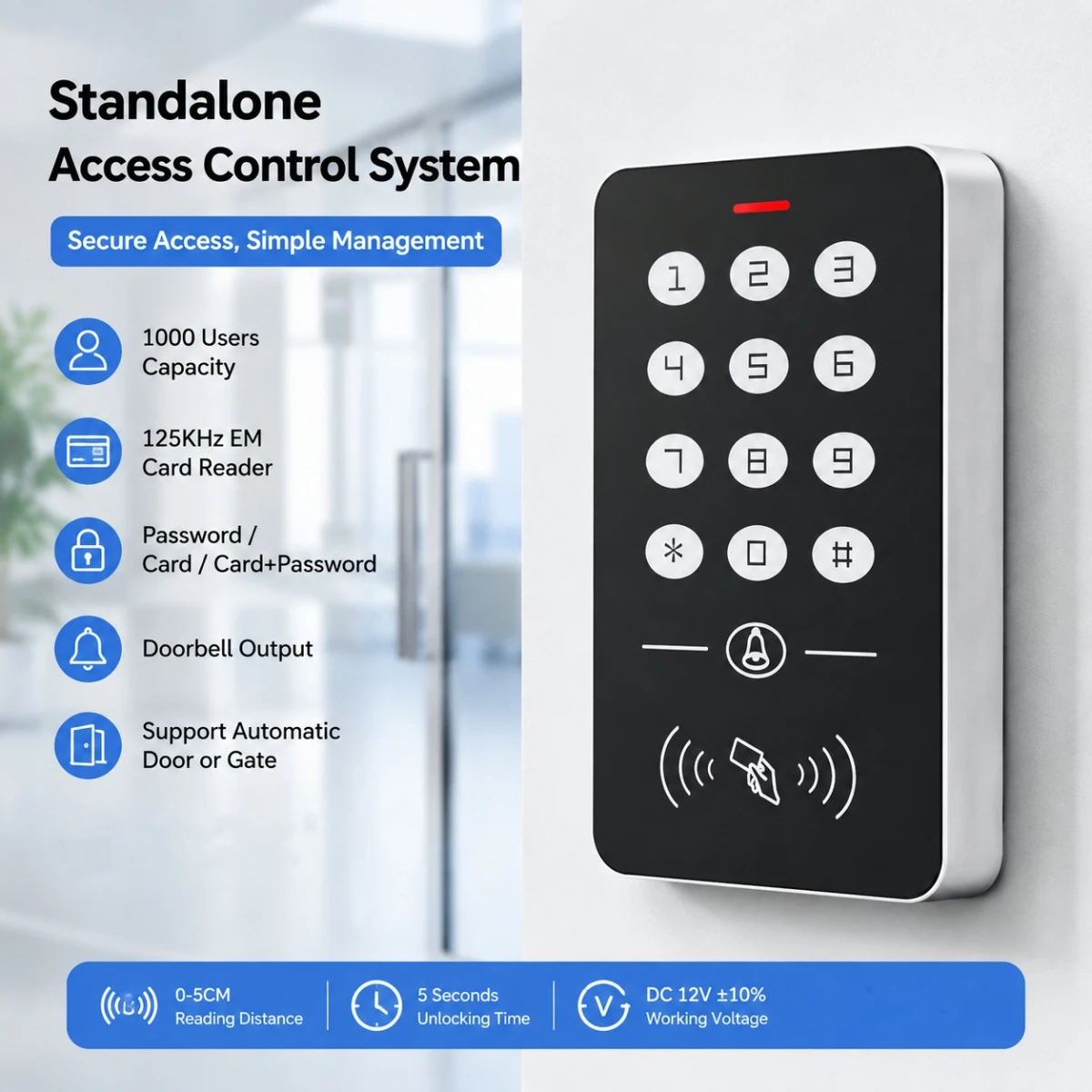 Standalone Access Control System 125KHz RFID Card Reader Keypad 1000 Users Password Doorbell for Office Automatic Door