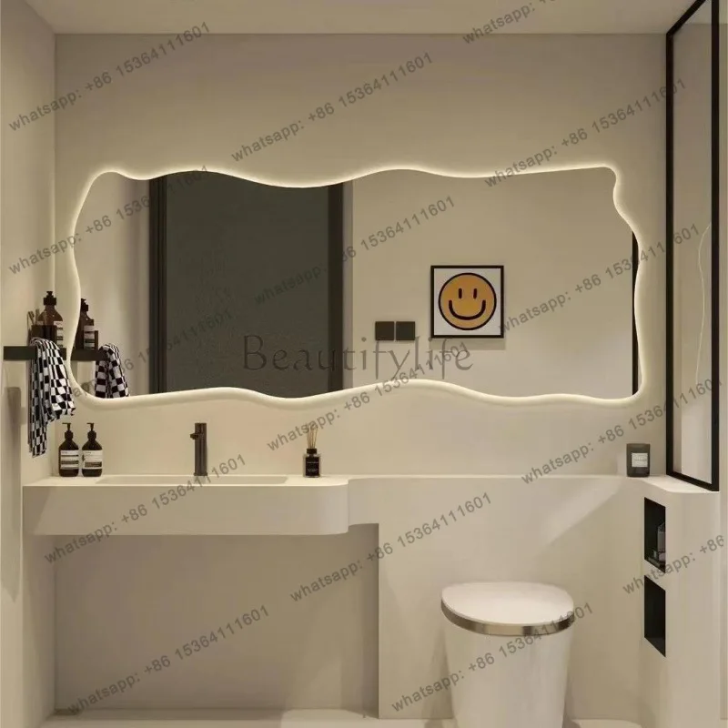 LD Wall Shower Mirror Long Funky Cute Light LED Luxury Wavy Irregular Mirror Accessories Asymmetrical Spiegels