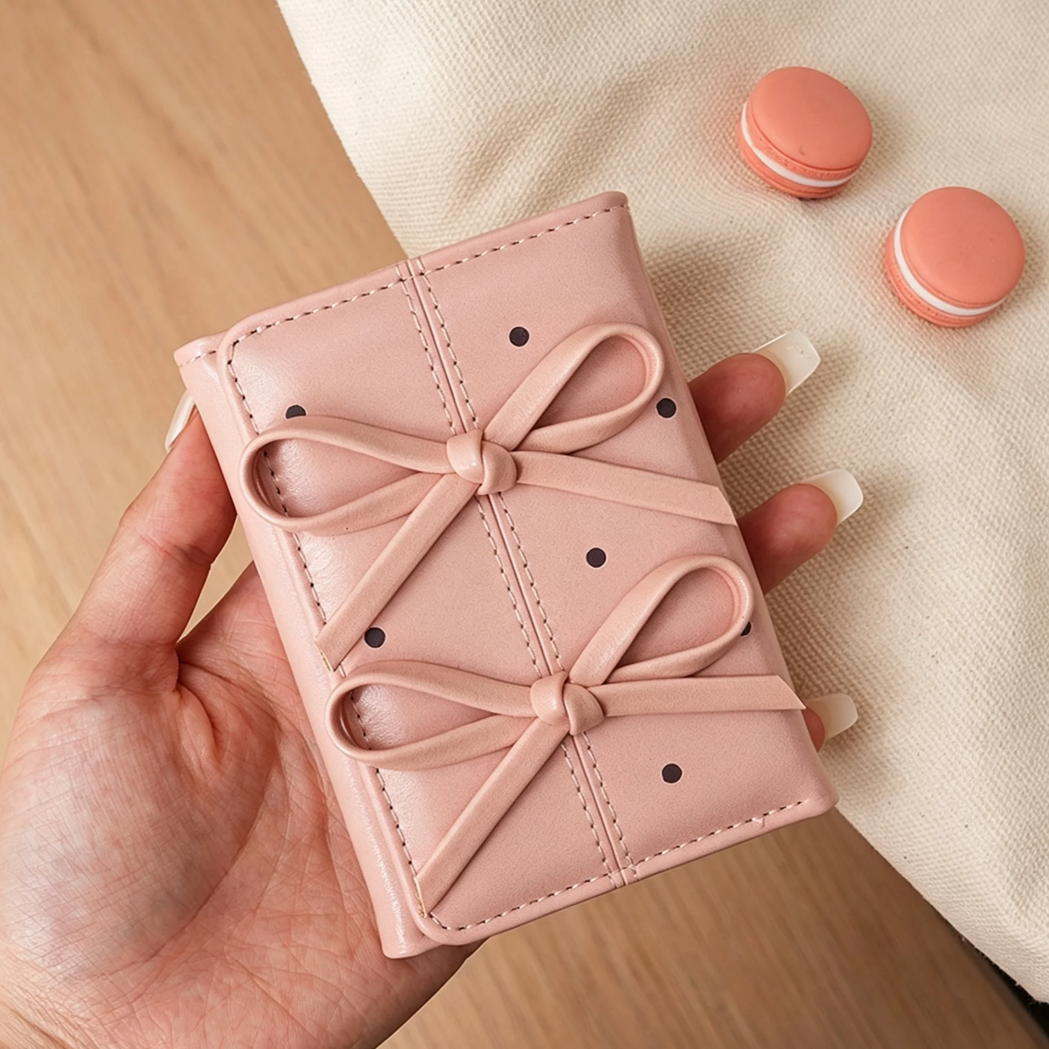 Women'S Trifold Wallet Short Card Holder Purse Polka Dot Wallet Trifold Macaron Color Wallet For Daily Outing Travel Small Bags
