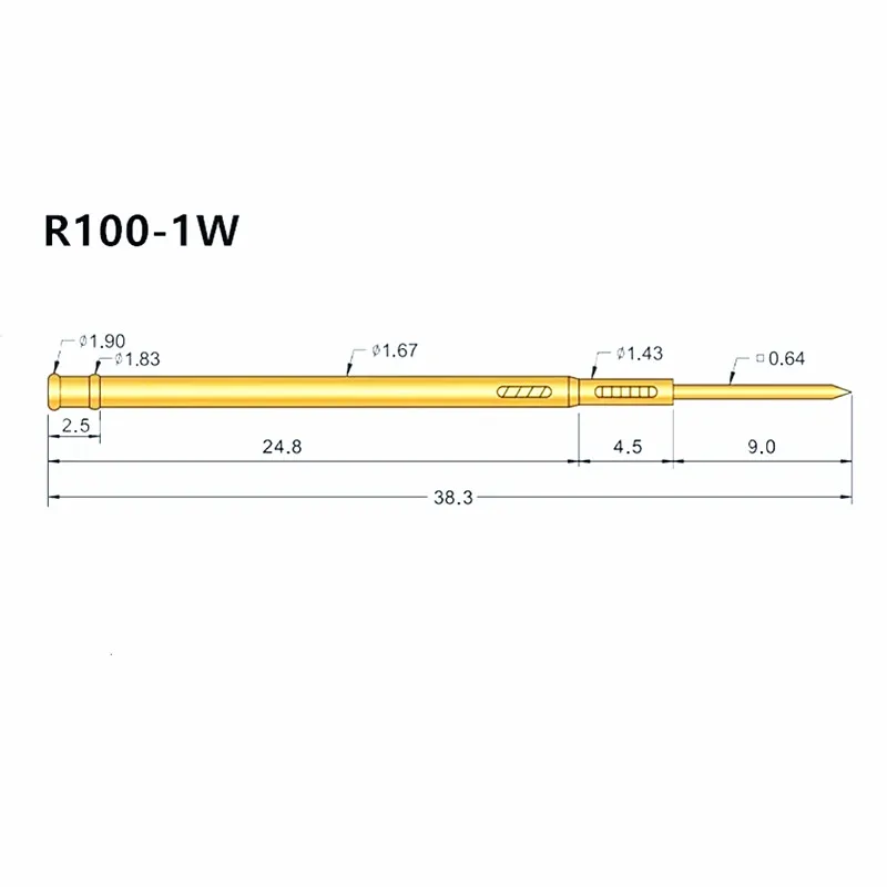 100PCS/pack R100-1W Test Needle Sleeve Outer Diameter 1.67mm Length 38.3mm Brass Spring Test Probe Industrial Instrument Tool