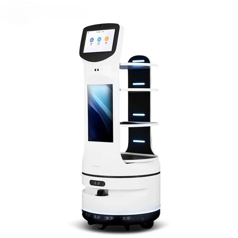 Customized Autonomous Obstacle Avoidance Commercial Food Delivery Robot App Control Auto Charge 4-Tier Tray for Restaurant