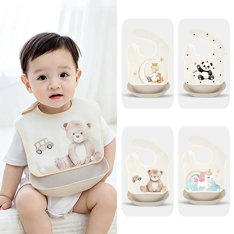Baby Detachable Feeding Bib Waterproof Food Catcher Bib With Removable Silicone Pocket Washable Toddler Eating Apron For Infants