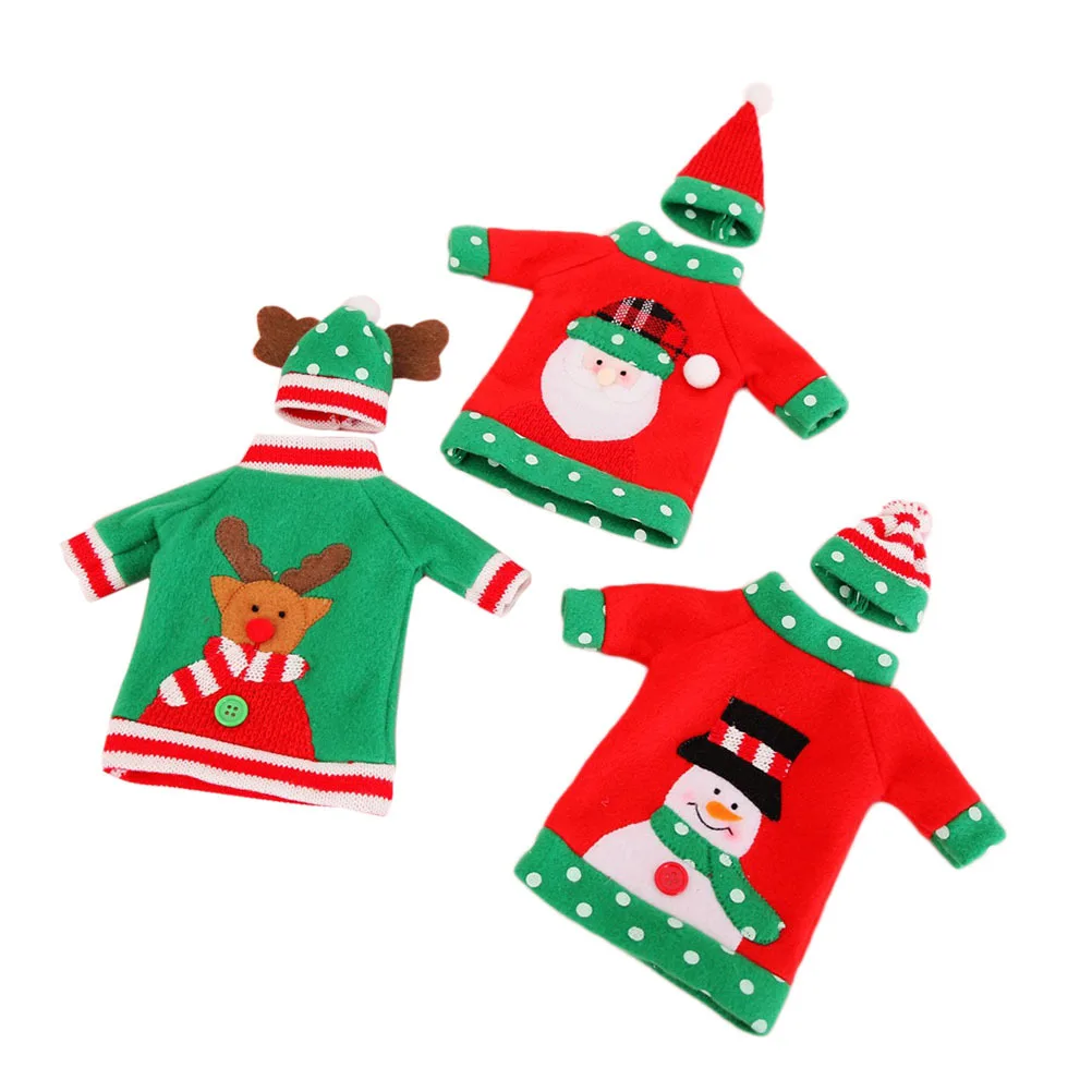 

3pcs Bottle Covers Wine Bottle Clothes For Christmas Decorations Party Supplies Red Snowman Elk Design Bar Tools