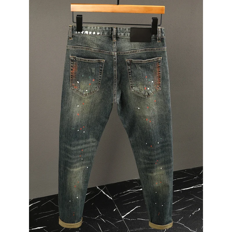 Graffiti Paint Print Jeans Men Street Fashion Trend Nostalgic Color Ripped Vintage Skinny Pants