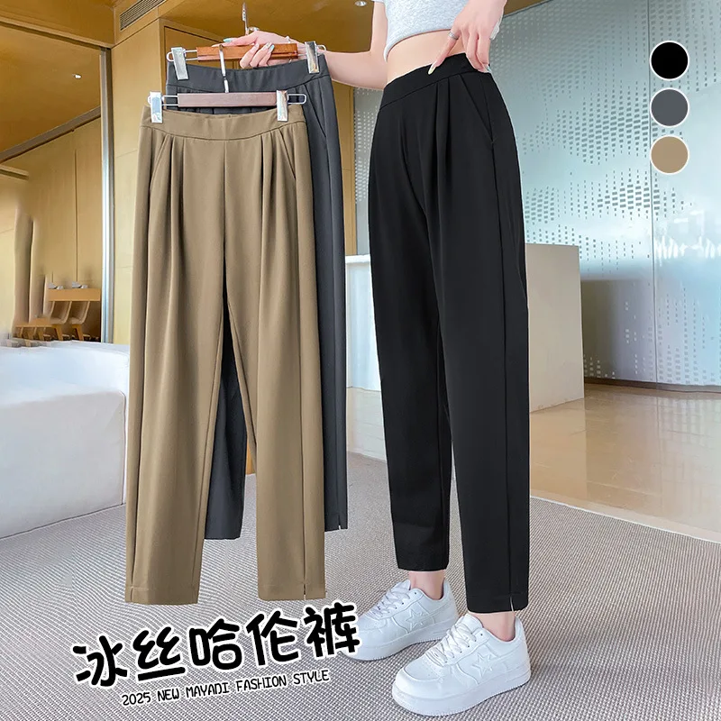 

Брюки для сигарет из ледяного шелка для женщин, свободные миниатюрные повседневные спортивные брюки с девятью минут, тонкие шаровары