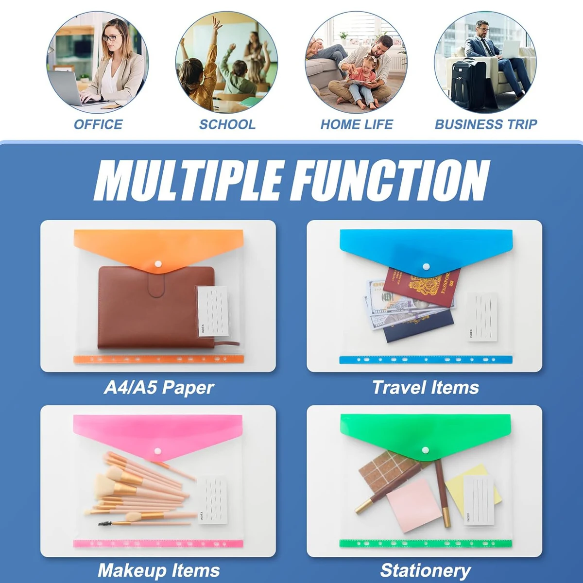 12pcs Punched Pocket Clear Plastic Wallet Binder Folders with 11 Hole File Binder Pockets with Snap Closure