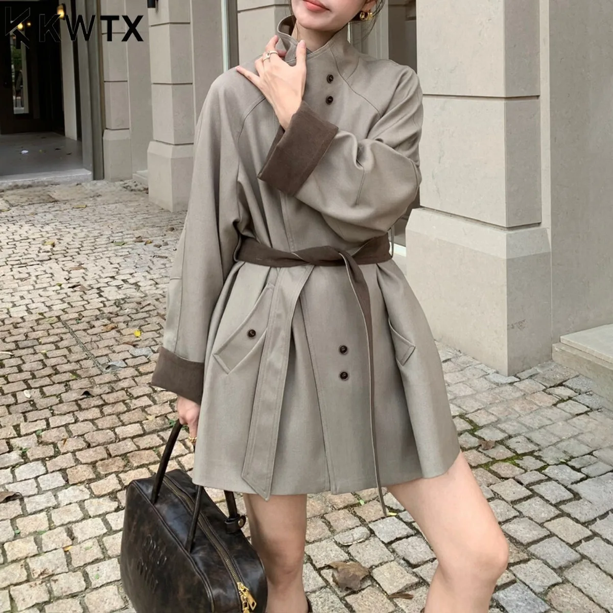 

KWTX 2025 Women's Short Trench Coat ColorBlock Stand Collar Belted Single Breasted Pockets Elegant Vintage High Quality Autumn