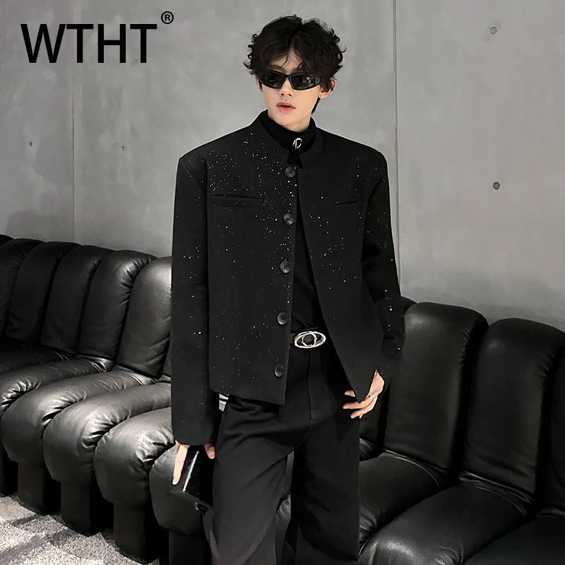 

WTHT Fashion Men's Spliced Sequins Shoulder Pads Design Coats Trendy Round Collar Long Sleeves Jackets Male 2025 Autumn 2A2187