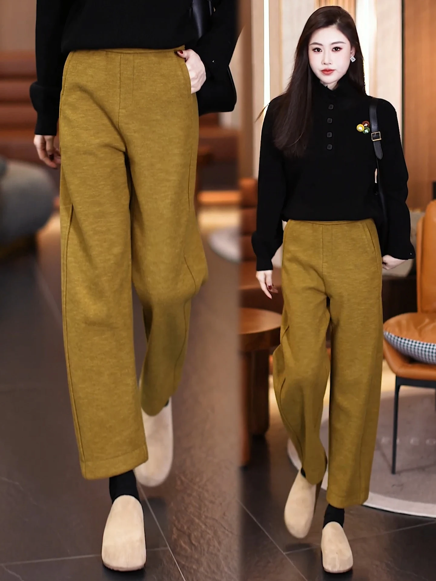 

High Waist Woolen Straight Leg Pants Women's Autumn Winter New Style Small Size Elastic Slimming Casual Wool Blend Trousers