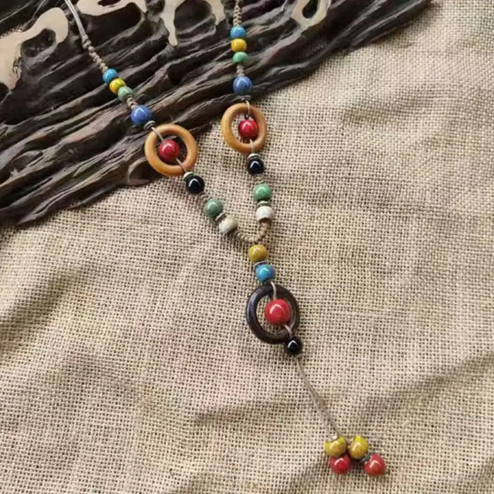 Collar tejido de cerámica bohemio con cuentas de nicho hecho a mano, cadena larga Vintage para suéter, collar largo de estilo chino para mujer