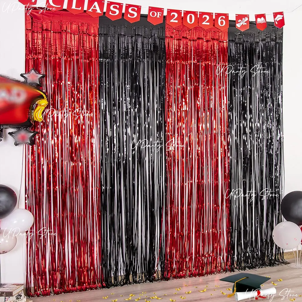 2 Packungen Rot-Schwarze Folien-Fransenvorhänge 6,56 Fuß Schwarzer Lametta-Hintergrund Schimmernder Vorhang für Geburtstags-, Babyparty- und Rennwagen-Partydekoration – Detail 6