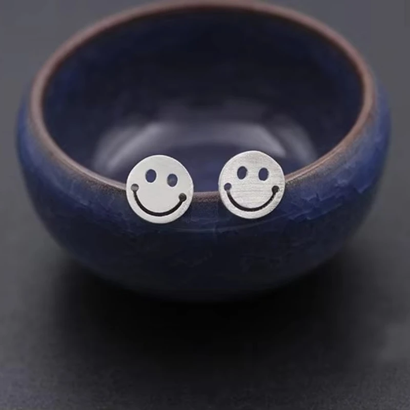 Real 100% 925 Sterling Silver Smiling face Stud Earrings for Women Girls Fashion sterling-silver-jewelry brincos