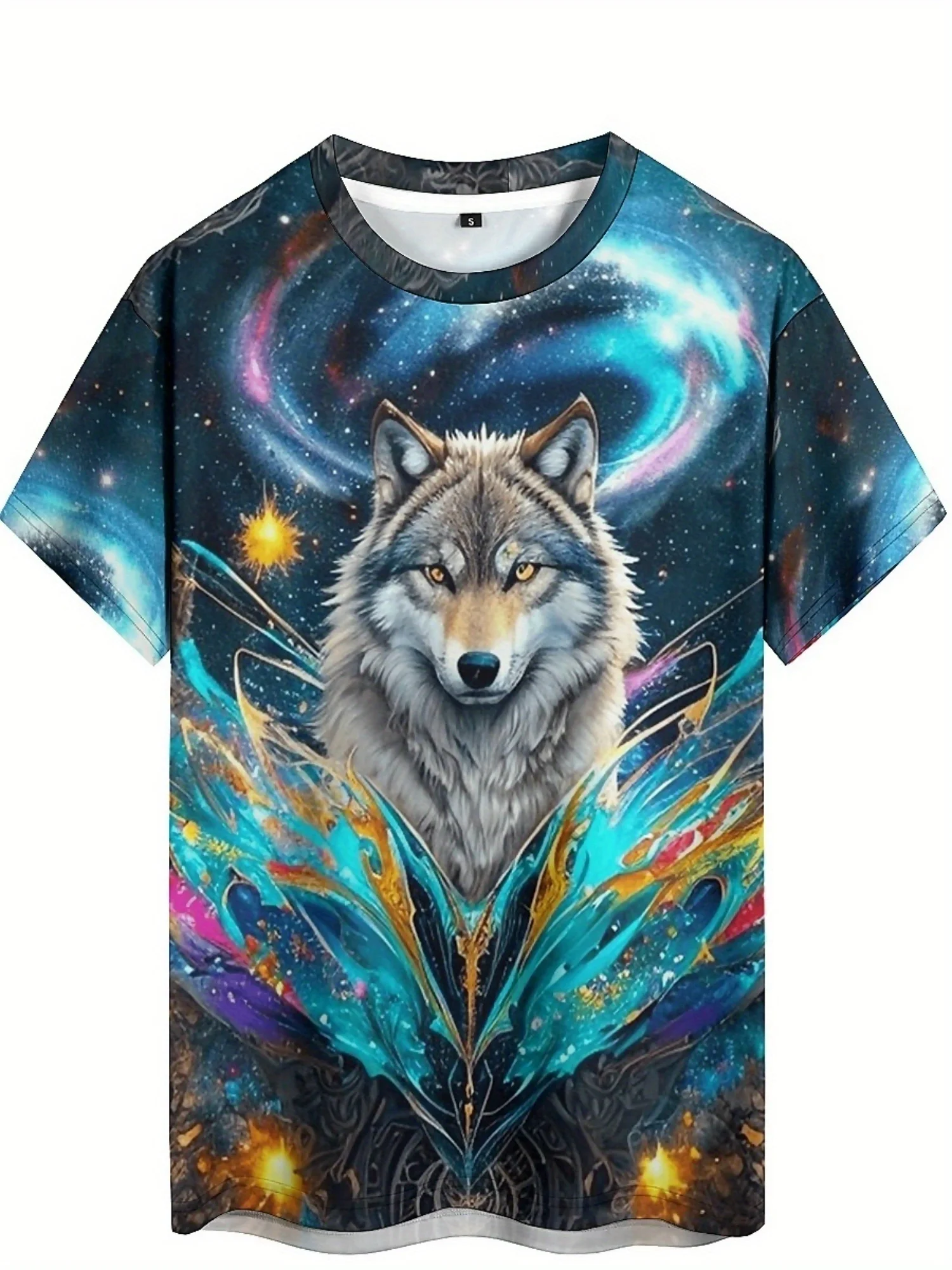 Camiseta de manga curta com estampa 3D de lobo legal e universo estrelado de fantasia, poliéster, macio e respirável
