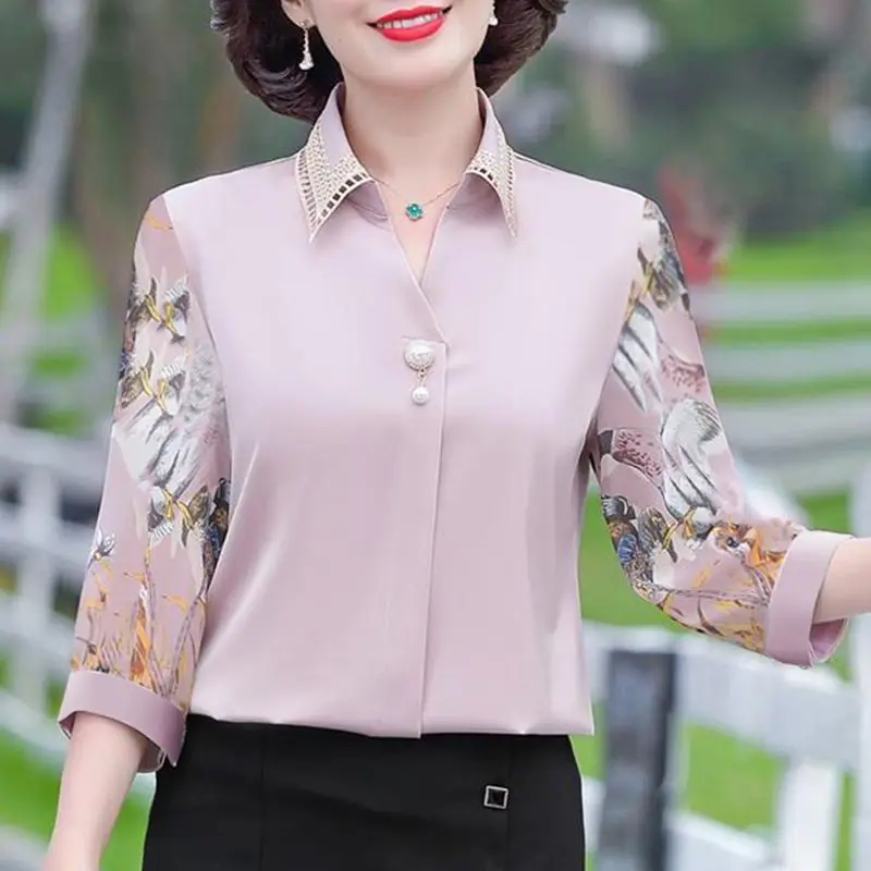 

XL-5XL Causal Mom Spring Autumn New Turn Down Collar Bottoming Blouse Middle-aged T-shirt 3/4 Sleeve Chiffon Shirt Women Top