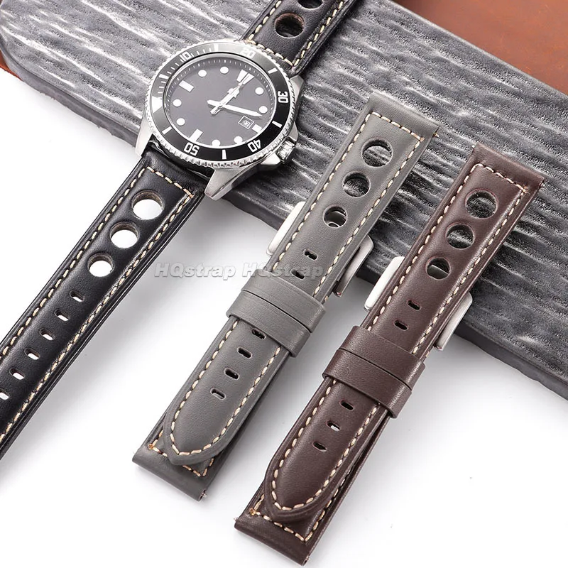 Винтажный кожаный ремешок для часов 20 мм, 22 мм, 24 мм, 26 мм, ремешок для Panerai, Omega, браслет Seiko, дышащий удобный браслет