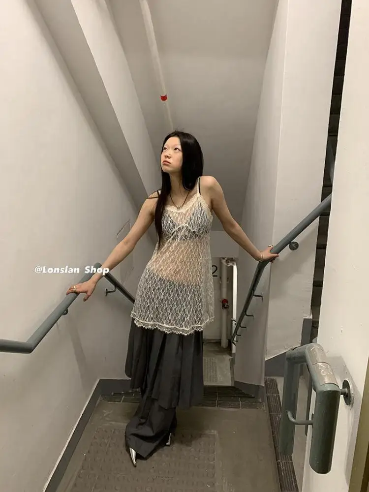 Yedinas Apricot See Through Halter Tops Women Long Lace Camis Sleeveless Tank Top Japan Style Sweat Sexy Y2k Sheer Backless Tops