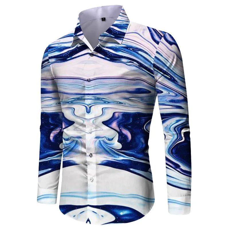 Fashionable 3D printed colorful design art pattern men's slim fit casual summer collar button comfortable long sleeved shirt
