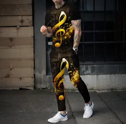 Fashion Music Symbol 3D Print Men Sportswear Set Casual Short-Sleeved T Shirt Pants 2-Piece Set Oversized Pullover Men Clothing