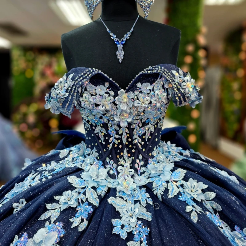 Navy Blue Glitter Quinceanera Dresses Off Shoulder Ball Gown Sweet 16 Dress Applique Flower Beading Crystal Bow Tull Party Birth