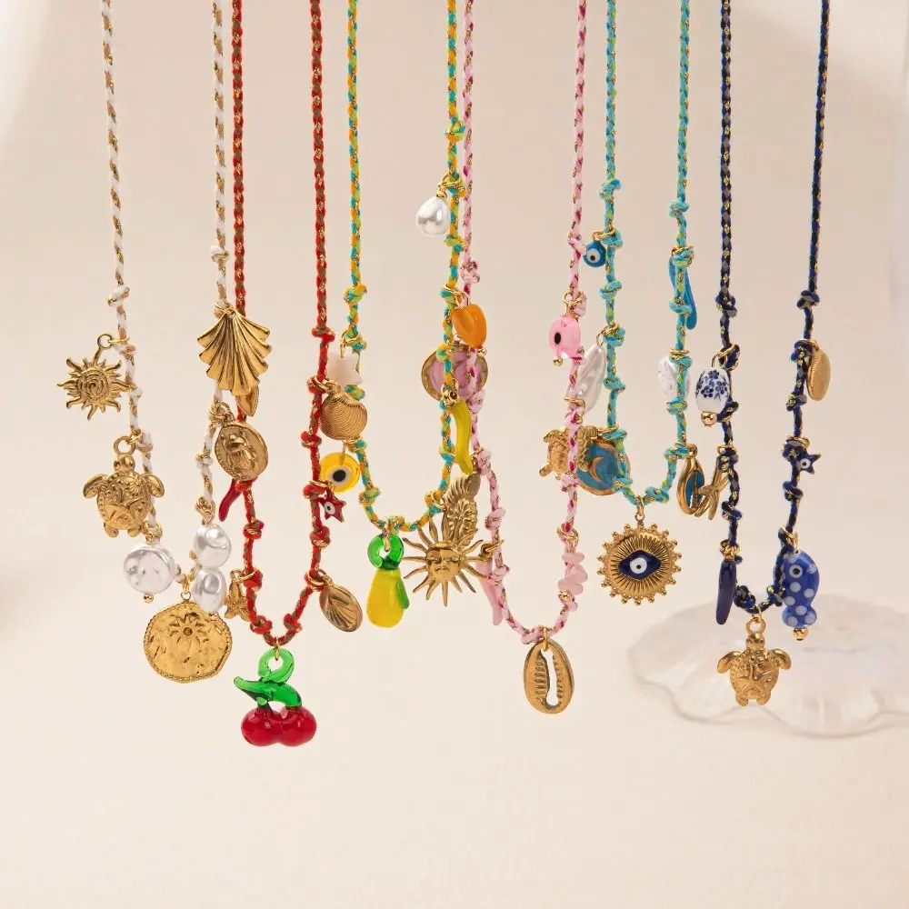 

Bohemian Shell Pendant Necklace Ocean Theme Knotting Rope Chain Necklace Vacation Style Jewelry Starfish Charm Necklace Summer