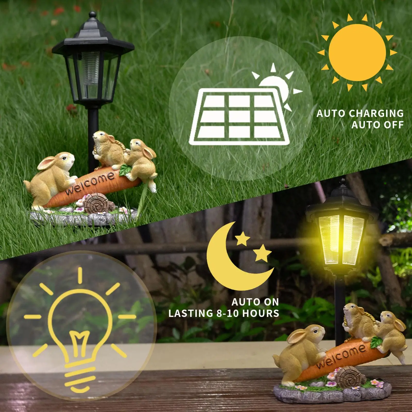 Garden Ornament Rabbit Solar Light Resin Statue Charming Carrot Figure Modern Decorative Sculpture for Outdoor Yard