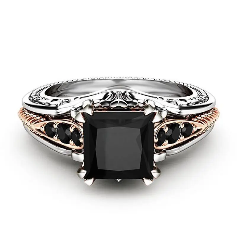 Hot -selling fashion plating 925 silver inlaid embedded black square diamond princess rings European and American engagement rin