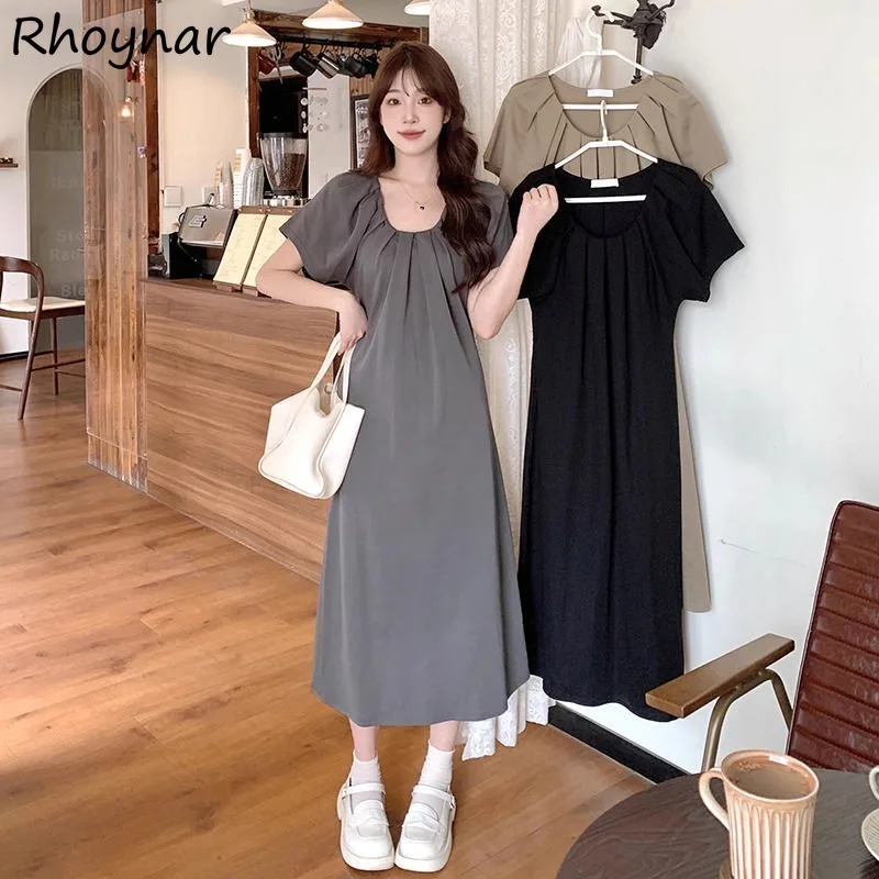 M-5XL Short Sleeve Dresses Women Abdomen Pleated A-line Baggy Long Solid Leisure Daily Korean Fashion Stylish Summer Lazy Cozy