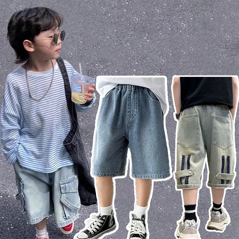 Boys Summer Trendy Cool Denim Cargo Shorts 2-14 Years Casual Zipper Thin Jeans For Kids Loose Comfortable Mid-length Pants