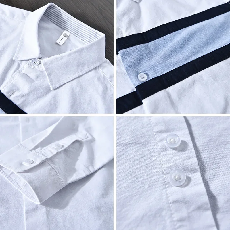 Japanese Fashion Mens Long Sleeve Shirts Spring Summer Daily Casual Pure Cotton Shirt Oxford Striped Patchwork Shirt Youth Tops
