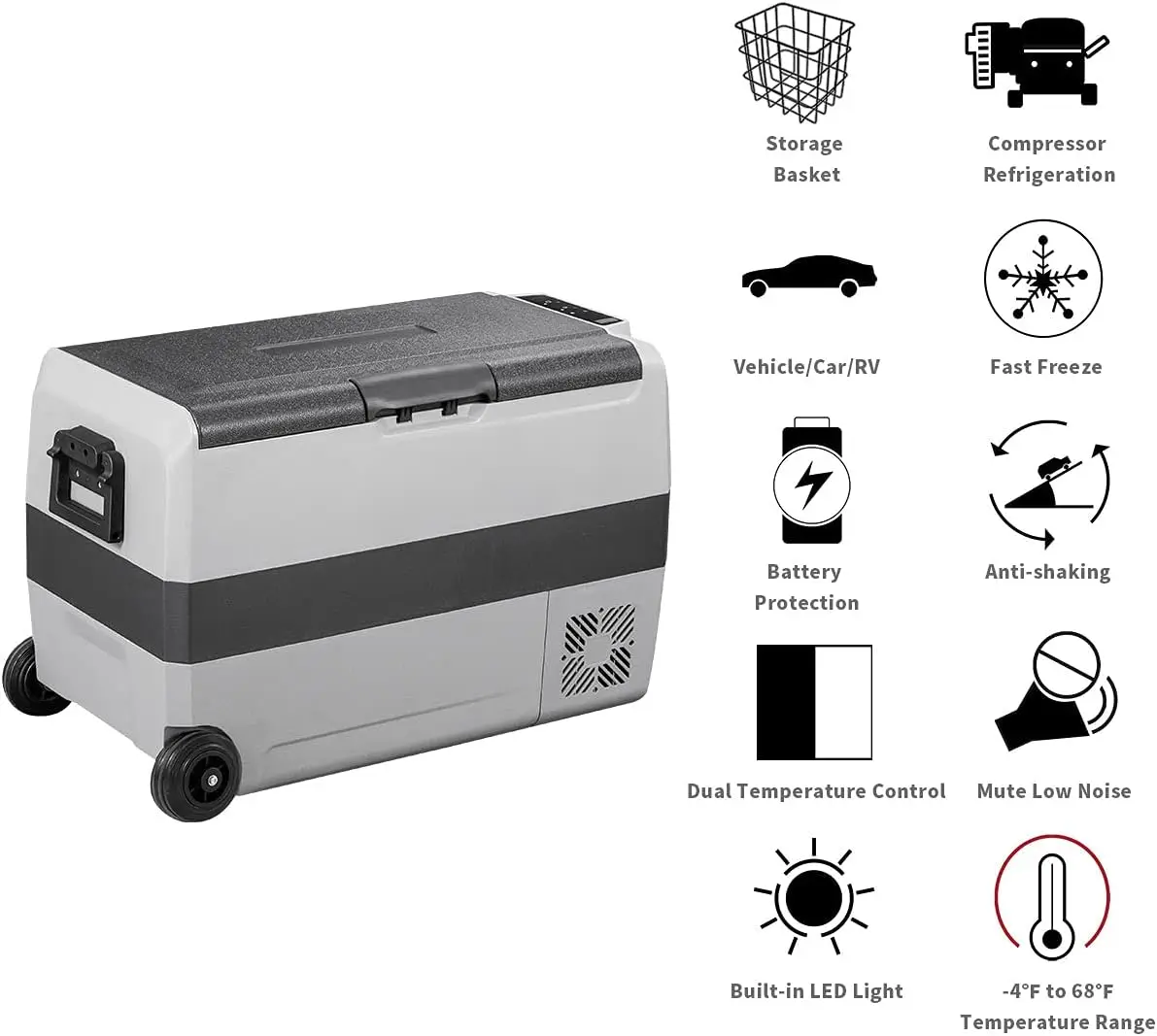 T50 Dual Temperature Control 12 Volt Refrigerator 53 Quart Portable Car Fridge Freezer (-4°F~68°F) for Truck, RV, Boat, Camping