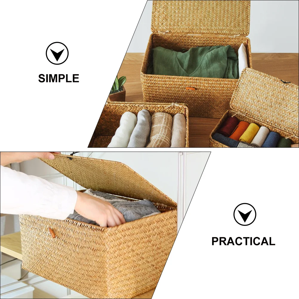 

2 PCS Tall Wicker Storage Basket Box Laundry Hamper with Lid Woven Multifunction