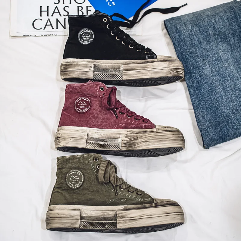 2026 Retro Unisex Distressed Canvas Shoes High Top Dirty Sole Sneakers Middle Cut Women Men Solid Color Sport Shoes Autumn