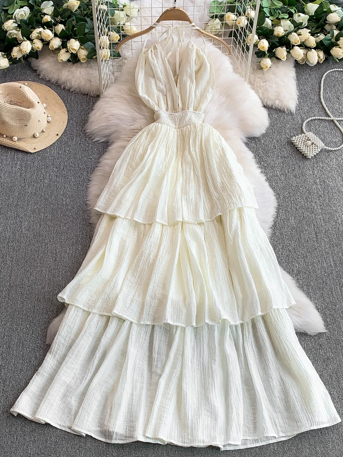 Verano Vaion Sle Sexy V-Ne Bal colgante Ne Dr falda larga de encaje en capas adelgazante con cintura elástica para mujer