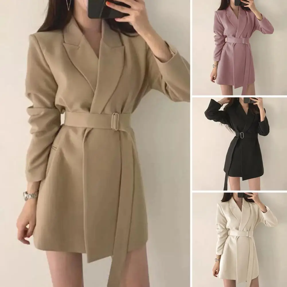 Women Suit Coat Lapel Long Sleeve Belt Suit Jacket With Side Pockets Solid Color Loose Fit Office Lady Outwear