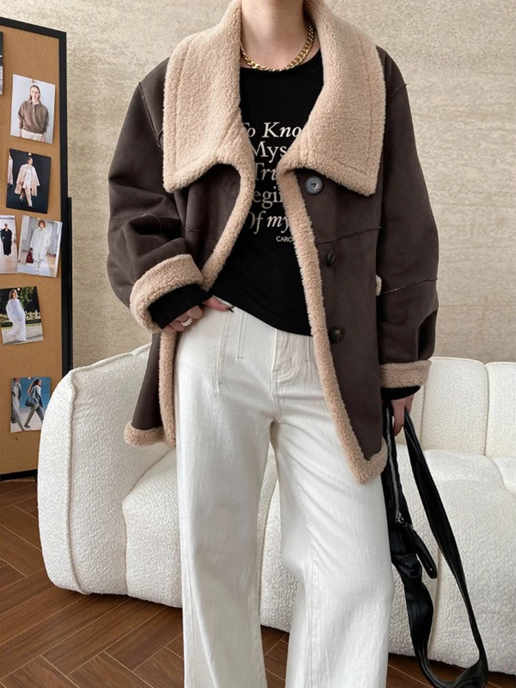 UCXQ Vintage Women's Coat Temperament Street Large Collar Reversible Faux Double-faced Fur Short Jacket 2025 Autumn Winter C2532