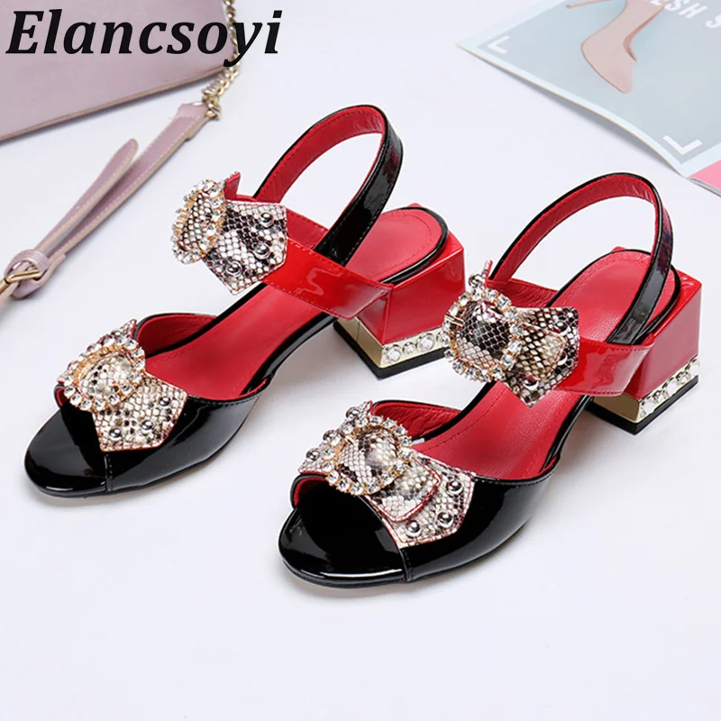 Summer Open Toed Patent Leather Bling Square Heel Sandals Women's Shiny Rhinestone Cute Sweet Sandalias Leisure Vacation Shoes