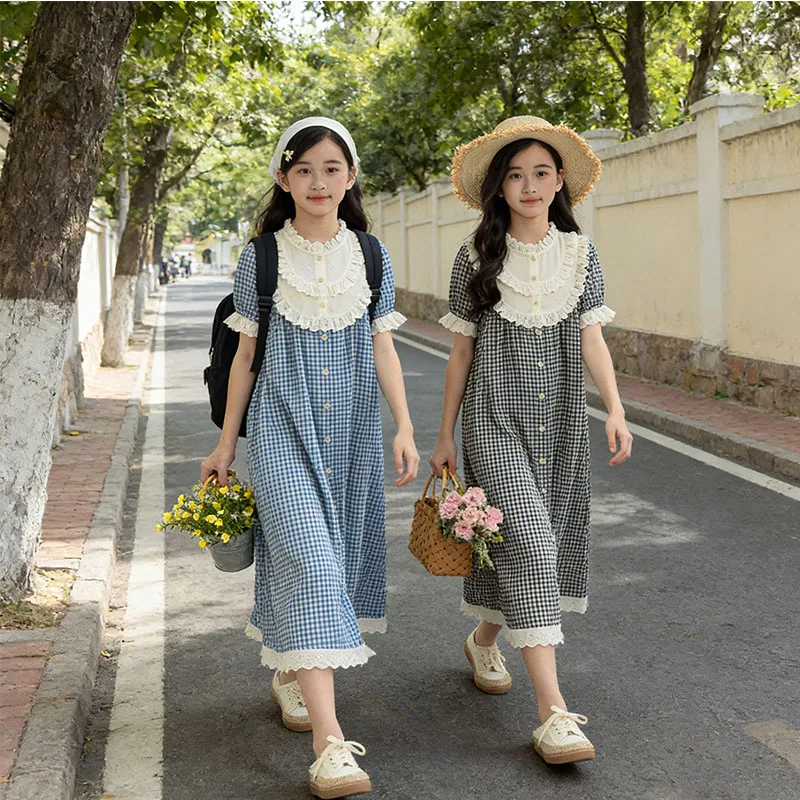 Teenage Kid Summer Dress Clothes Girls Ruffle Lace Collar Maxi Long Children Dresses Girl Cotton Holiday 2026 Vintage Dresses