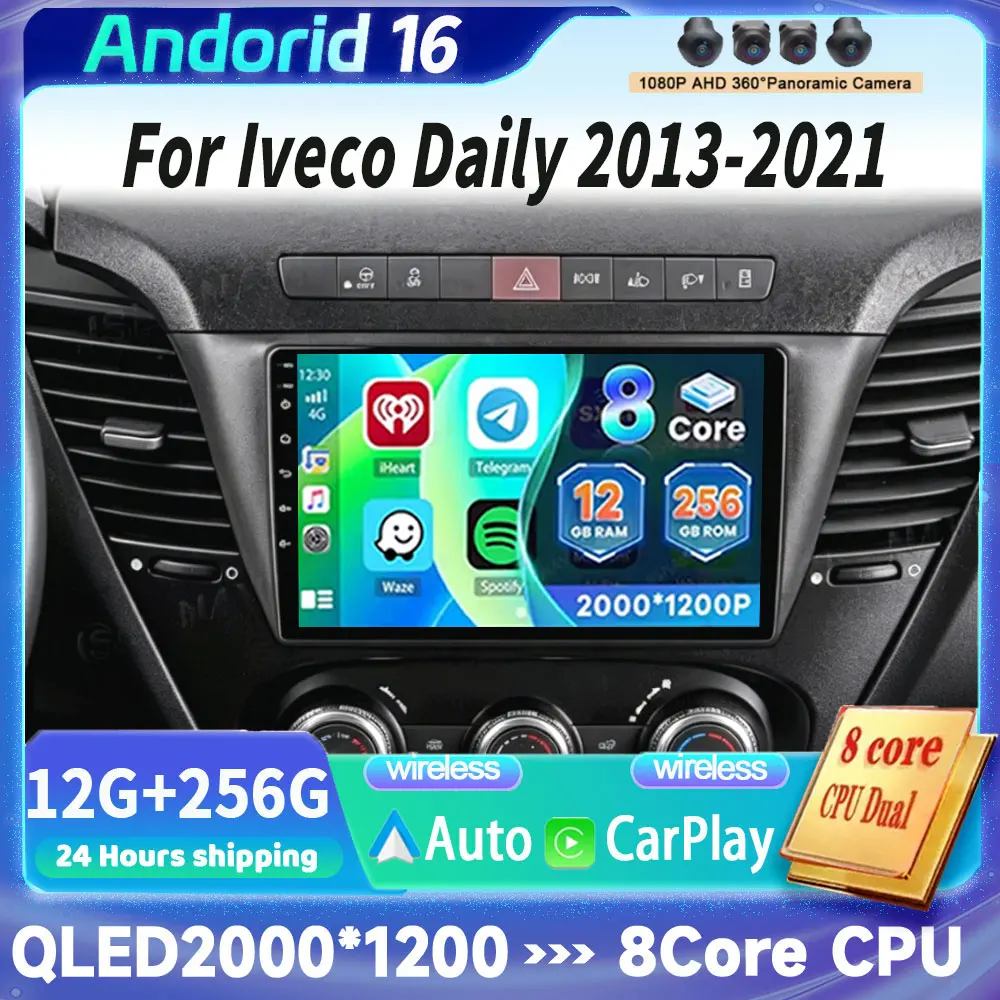 Android 16 WIFI+4G 360 Camera Carplay Auto For Iveco Daily 2013 2014 2015 2016 2017- 2021 Car Radio Multimedia Player GPS Stereo