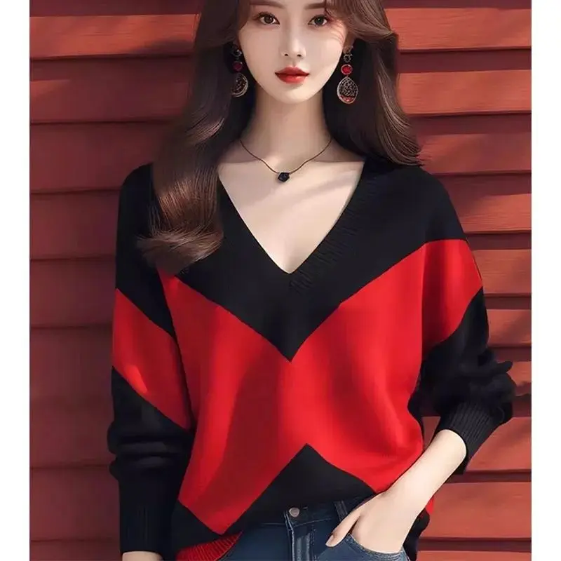 

Шикарный и ленивый стильный свободный свитер с v-образным вырезом и свитер для женщин с нишевым цветовым принтом и красивым топом